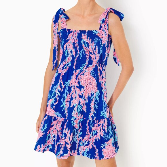 NWT Lilly Pulitzer Kailua Smocked Dress Borealis Blue Swim Over Large L - Picture 2 of 6